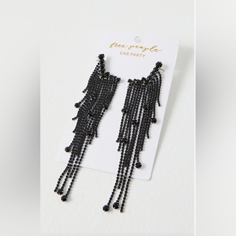 Free People Black Crystal Fringe Drop Earrings